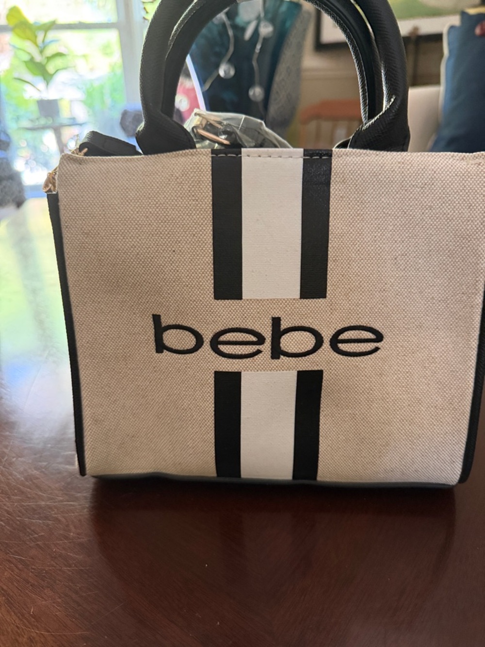 bebe Beige Canvas Tote with Black and White Stripes